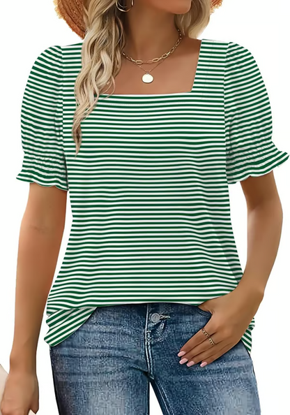StyleMuse – Square Neck Smocked Sleeve Casual Top