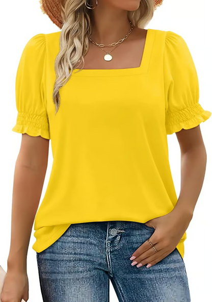 StyleMuse – Square Neck Smocked Sleeve Casual Top