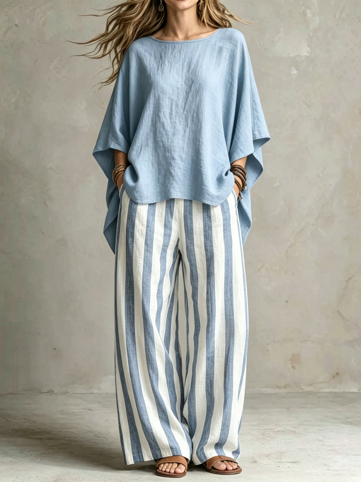 LinenLuxe – Women’s Striped Linen Set with Wide-Leg Trousers